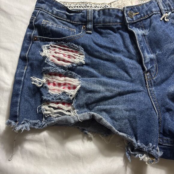 PROJECT REBEL DENIM Raw Hem Checkered Medium Wash High Rise Cut Off Shorts BL - Picture 2 of 15